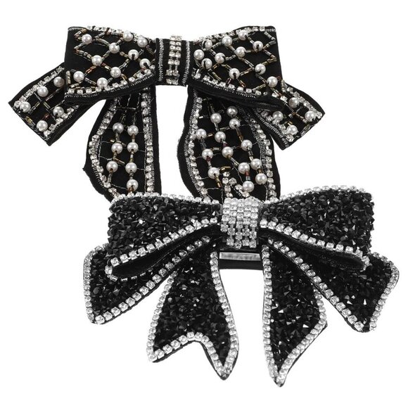 Pearl Fabric Crystal Hair Clips 2pcs Black Bows Kids Girls Gift main image 9